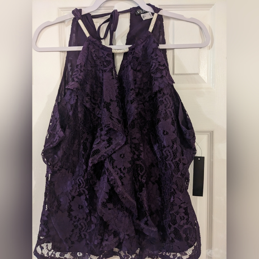Venus Lace High Neck Ruffle Tank Top Embellished Rhinestone Women's Size 16